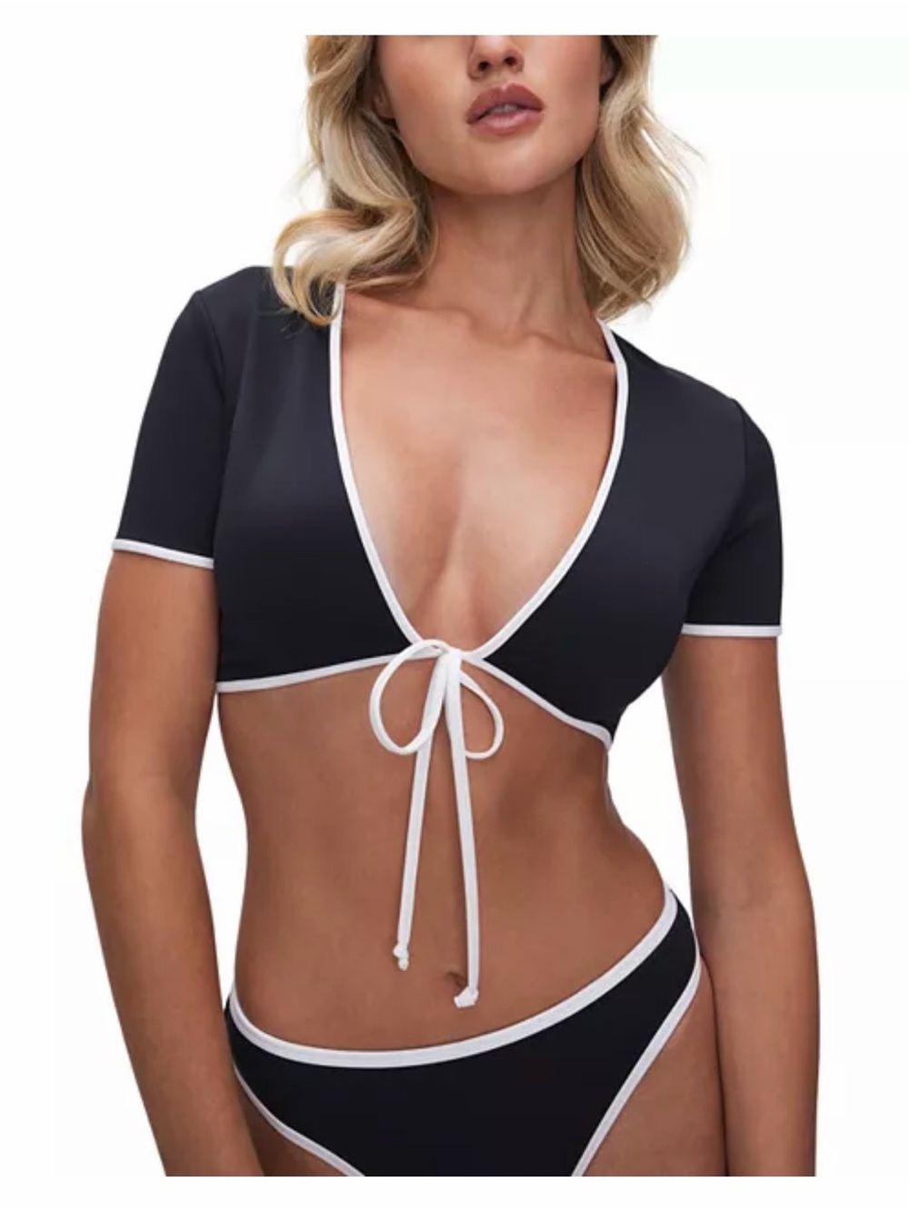 NWT - L SET Good American Swim Black Bikini with White Trim - Tie Front Crop Top